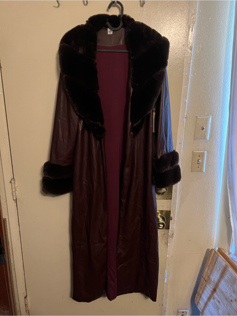 Long Women's Faux Fur Trim Leather Coat - Burgundy